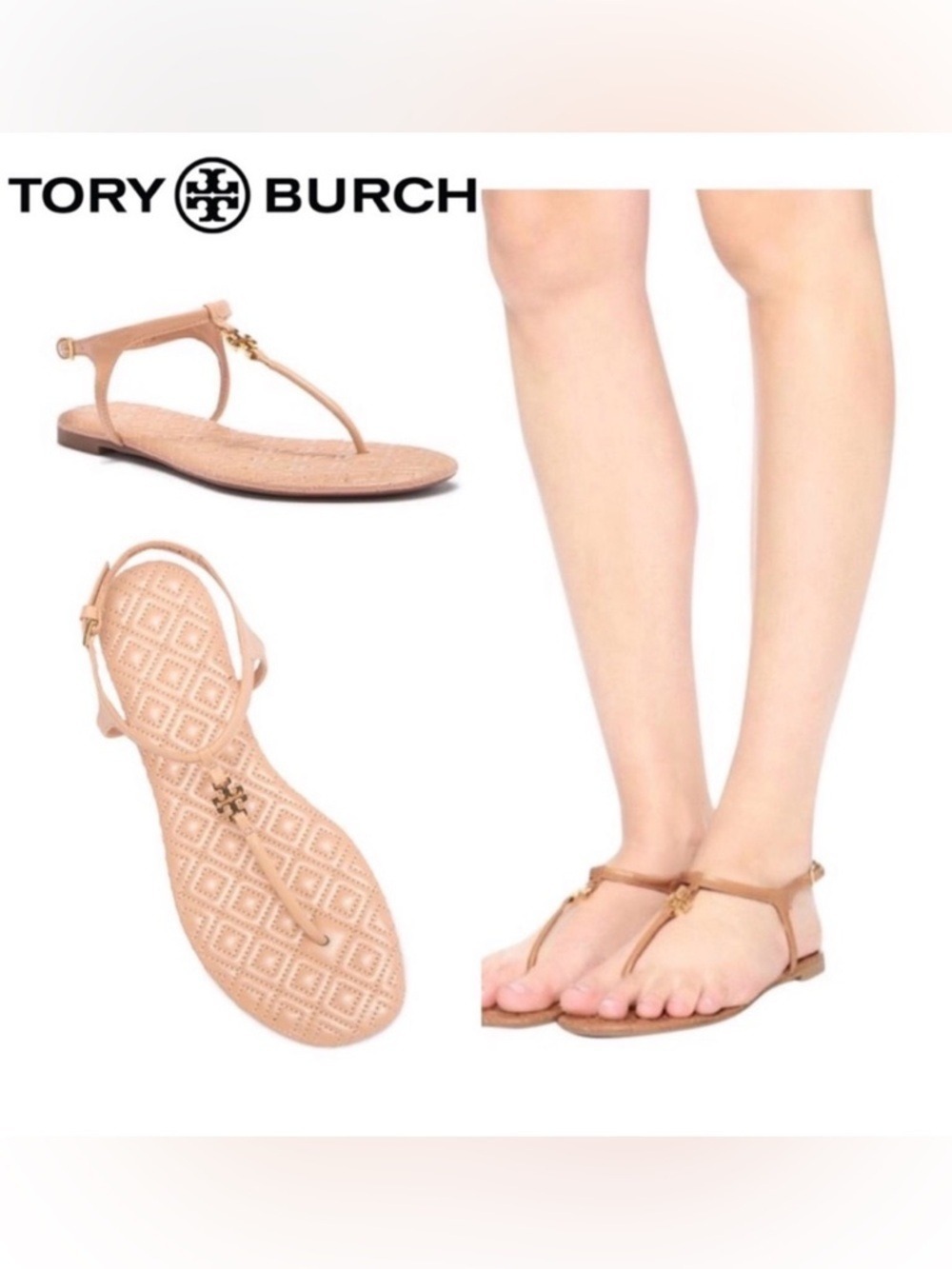 Tory Burch Tan Marion Quilted T-Strap Sandals - Size 6